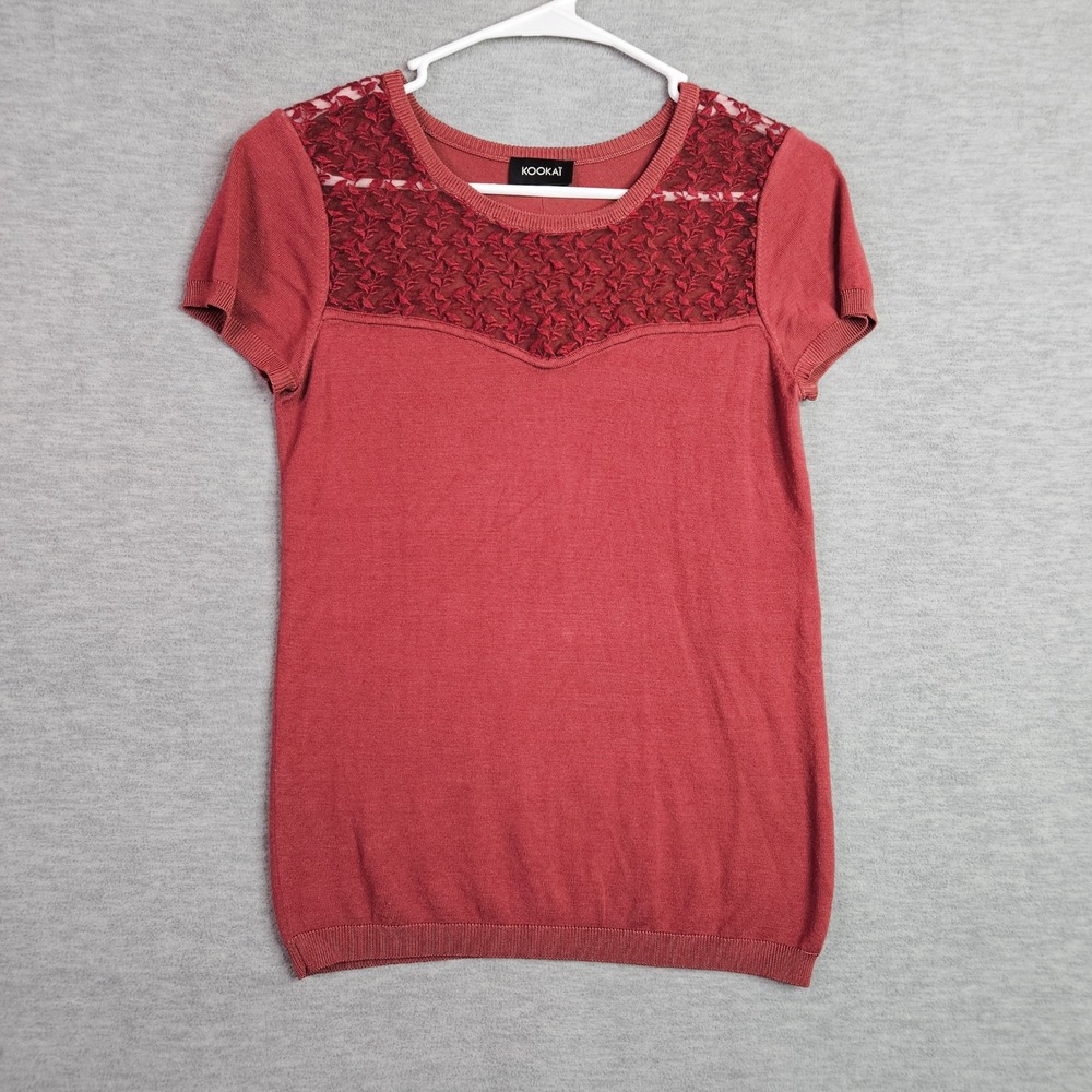 Kookai Burgundy Red Lace Yoke Sweetheart Knit Top Short Sleeve Size 0